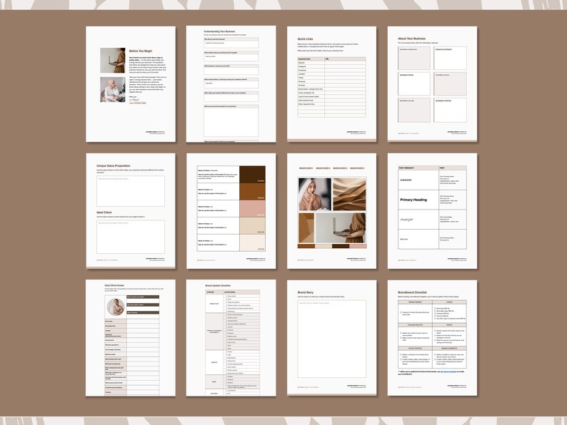 May include: A collection of twelve white paper templates with a brown border. The templates include sections for business planning, mood boards, and personal profiles. The pages feature text and image placeholders.