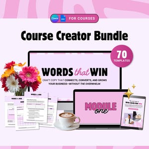 May include: A pink and white digital marketing course bundle called "Words that Win" with 70 templates. The course includes a module on writing copy that connects, converts, and grows your business.