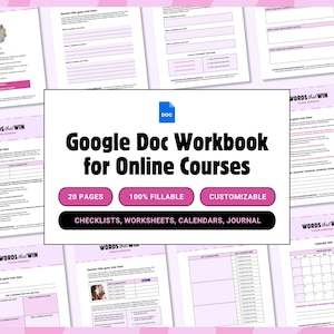 Pode incluir: Um modelo de pasta de trabalho digital para Google Docs com um esquema de cores branco e rosa claro. O texto central diz Google Doc Workbook for Online Courses, 20 PAGES, 100% FILLABLE, CUSTOMIZABLE, CHECKLISTS, WORKSHEETS, CALENDARS, JOURNAL.