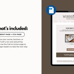 May include: A digital workbook displayed on a tablet, with the title "WORDS that WIN COURSE WORKBOOK." The screen shows a page with the text "YOUR NEXT STEPS." The image also includes a "DOC" icon and the text "ABOUT PAGE + CTA PAGE."