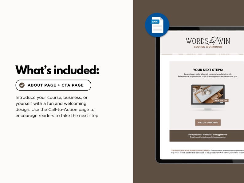 May include: A digital workbook displayed on a tablet, with the title "WORDS that WIN COURSE WORKBOOK." The screen shows a page with the text "YOUR NEXT STEPS." The image also includes a "DOC" icon and the text "ABOUT PAGE + CTA PAGE."