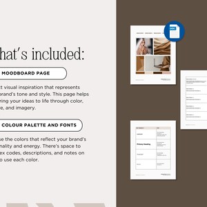May include: A digital design template with a mood board page and color palette options. The template includes a document icon and text that reads "What's included: MOODBOARD PAGE and COLOUR PALETTE AND FONTS". The color scheme is neutral with brown and beige tones.