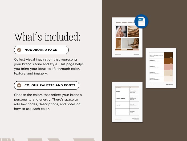 May include: A digital design template with a mood board page and color palette options. The template includes a document icon and text that reads "What's included: MOODBOARD PAGE and COLOUR PALETTE AND FONTS". The color scheme is neutral with brown and beige tones.