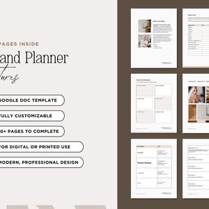 May include: A digital Brand Planner template with a modern, professional design. The planner includes over 10 pages and is fully customizable. Features include a Google Doc template and is suitable for digital or printed use.