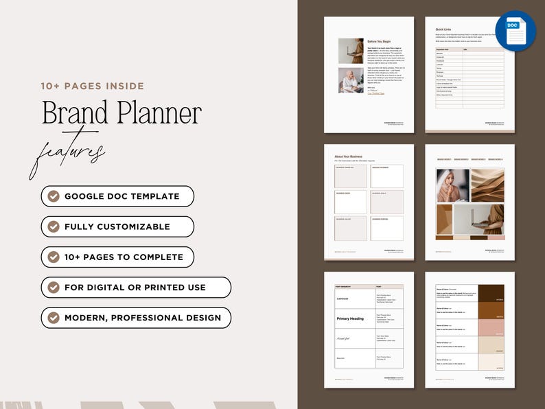 May include: A digital Brand Planner template with a modern, professional design. The planner includes over 10 pages and is fully customizable. Features include a Google Doc template and is suitable for digital or printed use.