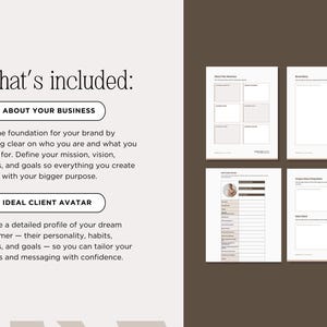 May include: A digital business planning template with the text "What's included: ABOUT YOUR BUSINESS, IDEAL CLIENT AVATAR". The template includes worksheets for brand strategy, brand story, and ideal client profile. A blue DOC icon is in the upper right corner.