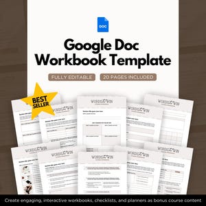 Puede incluir: Una pila de cuadernos blancos con el texto "WORDS WIN" y una estrella dorada que dice "BEST SELLER". El título "Google Doc Workbook Template" se muestra encima de los cuadernos. También se ve el texto "FULLY EDITABLE" y "20 PAGES INCLUDED".