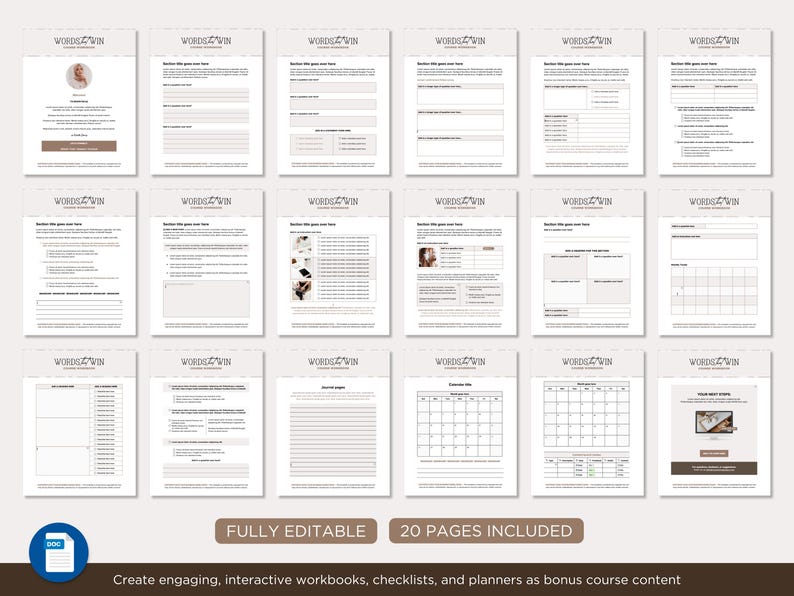 May include: A collection of 20 fully editable workbook pages with the "WORDS WIN" logo. The pages include various layouts for checklists, planners, and course content. The image also includes the text "FULLY EDITABLE" and "20 PAGES INCLUDED".