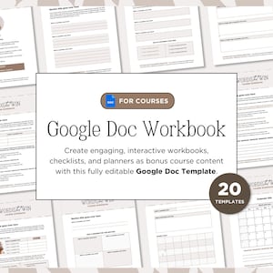 May include: A Google Doc workbook template with 20 templates for creating engaging, interactive workbooks, checklists, and planners for online courses. The template is fully editable and includes the text "WORDS WIN COURSE WORKBOOK" and "FOR COURSES".