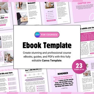 Pode incluir: Um modelo de ebook rosa e branco com o texto "Ebook Template" e "Create stunning and professional course eBooks, guides, and PDFs with this fully editable Canva Template." O modelo inclui 23 páginas e apresenta um esquema de cores rosa e branco.