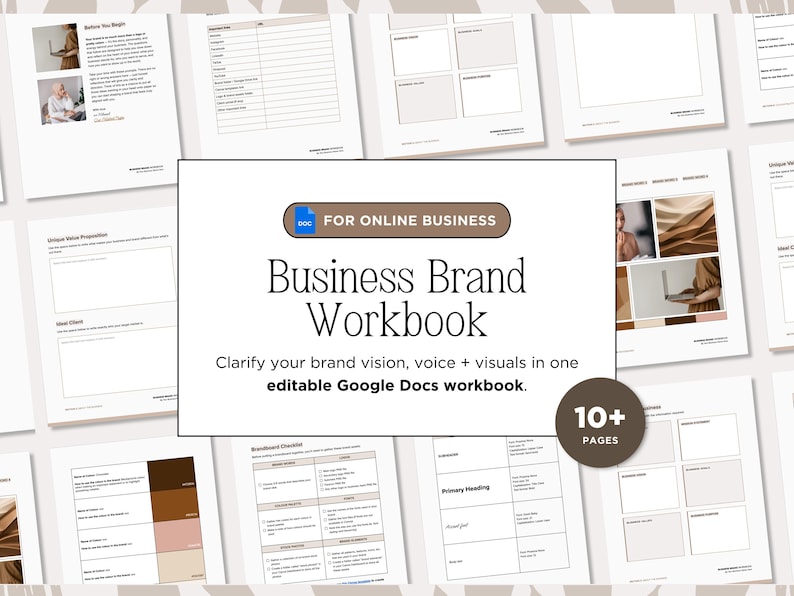 May include: A Business Brand Workbook with the text "FOR ONLINE BUSINESS" and "Business Brand Workbook". The workbook clarifies brand vision, voice, and visuals in an editable Google Docs format. The image shows over 10 pages of content.