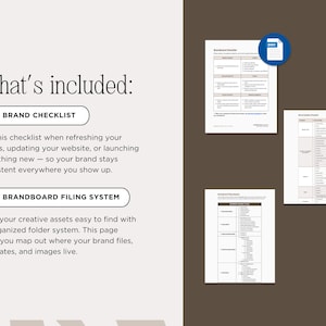 May include: A digital marketing document with the text "What's included: BRAND CHECKLIST" and "BRANDBOARD FILING SYSTEM". The document includes checklists and filing systems for brand consistency and creative assets. The background is a mix of white and brown.