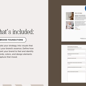 May include: A digital document with the title "Before You Begin" and "Understanding Your Business" is displayed. The document includes text and images. The words "What's included:" and "BRAND FOUNDATIONS" are also visible.