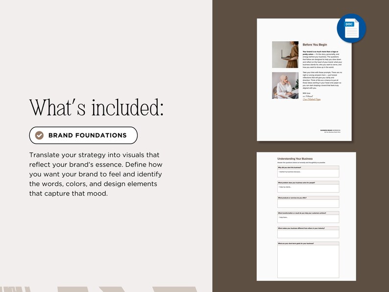 May include: A digital document with the title "Before You Begin" and "Understanding Your Business" is displayed. The document includes text and images. The words "What's included:" and "BRAND FOUNDATIONS" are also visible.