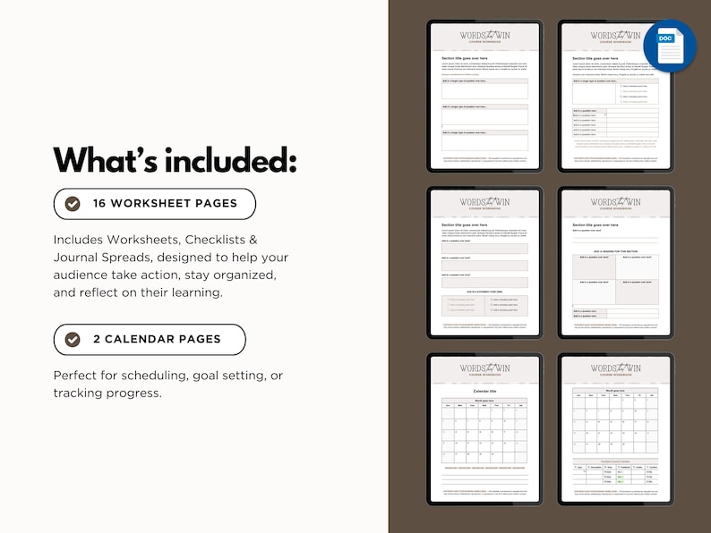May include: A digital planner with the text "WORDS WIN" on the top of each page. The planner includes 16 worksheet pages and 2 calendar pages. The worksheets and checklists are designed to help the audience take action, stay organized, and reflect on their learning.
