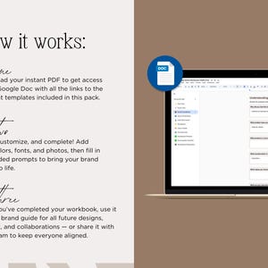 May include: A laptop displays a Google Doc with a business questionnaire. The image includes text that says "How it works:" and describes the steps to access and use the templates. A blue DOC icon is in the upper right corner.