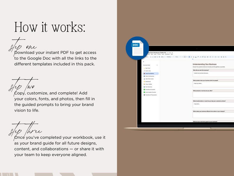 May include: A laptop displays a Google Doc with a business questionnaire. The image includes text that says "How it works:" and describes the steps to access and use the templates. A blue DOC icon is in the upper right corner.