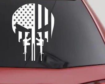 American Flag Punisher Skull with Rifles Vinyl Decal - Car, Truck, Window Sticker
