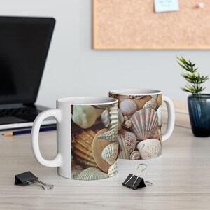 Seashell Pattern Mug, Beach Lover Coffee Cup, Ocean Shell Coastal Mug, Nautical Sea Life Ceramic Mug, Aesthetic Marine Gift Idea