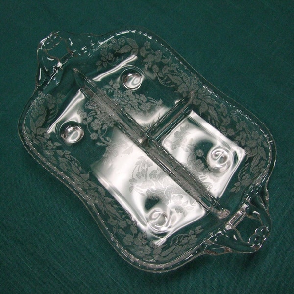 Relish Dish Etched Floral Design with Handles 3 Sections