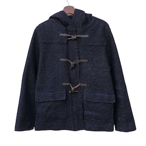 May include: A navy blue duffel coat with a hood, two front pockets, and wooden toggle closures. The coat is hanging on a wooden hanger against a white background. The coat's fabric has a textured appearance.