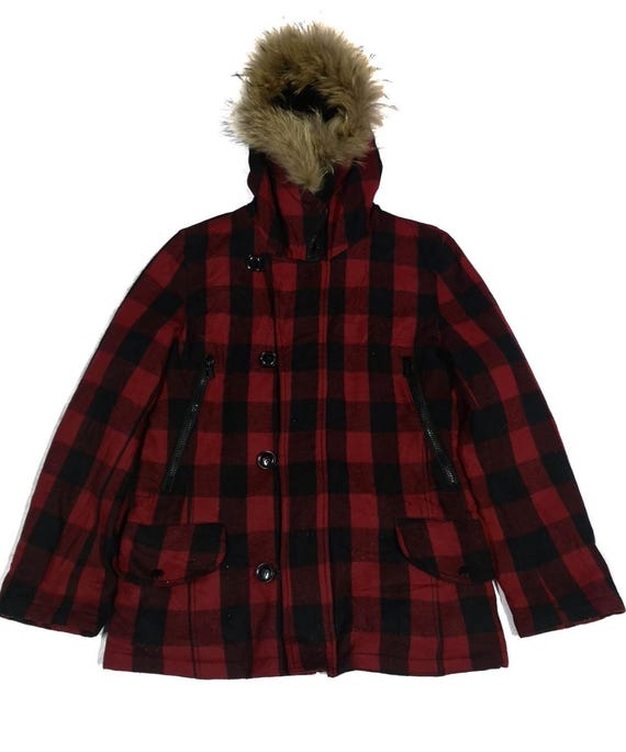 ジャケット・アウター TAKEO KIKUCHI BUFFALO Vintage Japanese Brand Takeo Kikuchi Buffalo Plaid Faux Fur Hooded