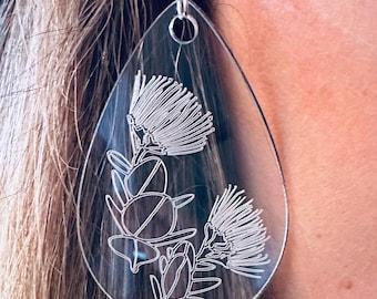 Ohia Lehua Flower Earrings – Etched Acrylic Teardrop Earrings | Hawaiian Jewelry | Handmade Nature-Inspired Gifts