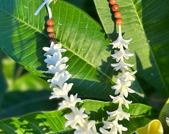 Handmade Car Lei: Clay Flowers and Sandalwood Beads, Hawaiian Rearview Mirror Charm