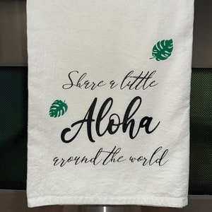 Share a Little Aloha – Flour Sack Kitchen Towel | Monstera or Plumeria Design | Hawaiian-Inspired Dish Towel | Housewarming Gift | Lint-Free