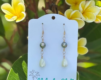 Tahitian Pearl & Mother of Pearl Pikake Bud Earrings | 14k Gold Filled | Handmade Jewelry