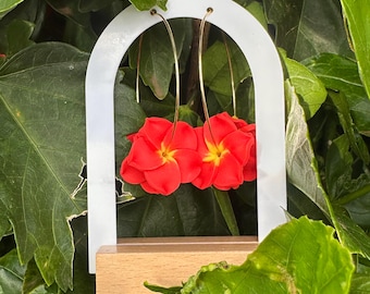 Handmade Plumeria Flower Earrings | Hawaiian Clay Floral Jewelry | Gold Filled Hoops | Tropical Island Earrings