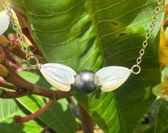 Tahitian Pearl Necklace: 14k Gold Filled Chain, Mother of Pearl Pikake Flowers