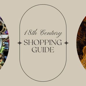 May include: A beige background with the text "18th Century SHOPPING GUIDE" in a brown oval. On the left, a close-up of a Venetian mask. On the right, a gold-decorated ceiling.