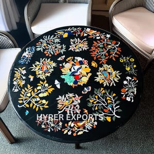 Pietra Dura Marble Table Top: 36&quot; Floral Inlay Coffee Table