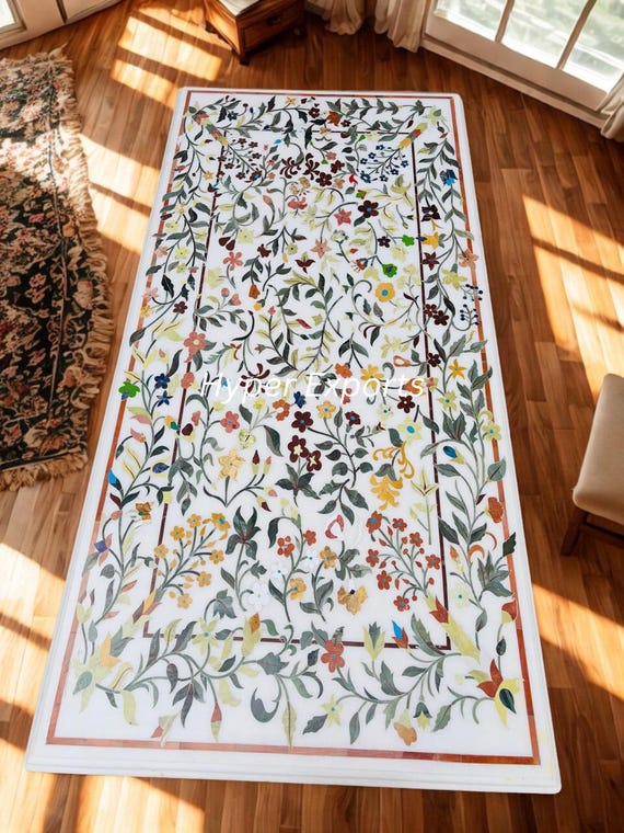 Pietra Dura Marble Table Top: Floral Inlay, Semi-Precious Stones (72x36 inch