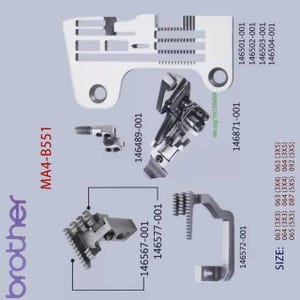 Puede incluir: Un conjunto de piezas de máquina de coser plateadas de diferentes tamaños y con números impresos en ellas. Las piezas están etiquetadas con los siguientes números: 146567-001, 146577-001, 146489-001, 146572-001, 146871-001, 146501-001, 146502-001, 146503-001 y 146504-001. El texto "MA4-B551" y "brother" también está impreso en la imagen.