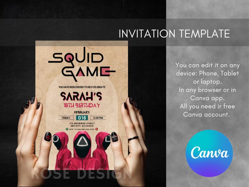 EDITABLE Squid Game Party Invitation Template 01 Thank You Tags INSTANT