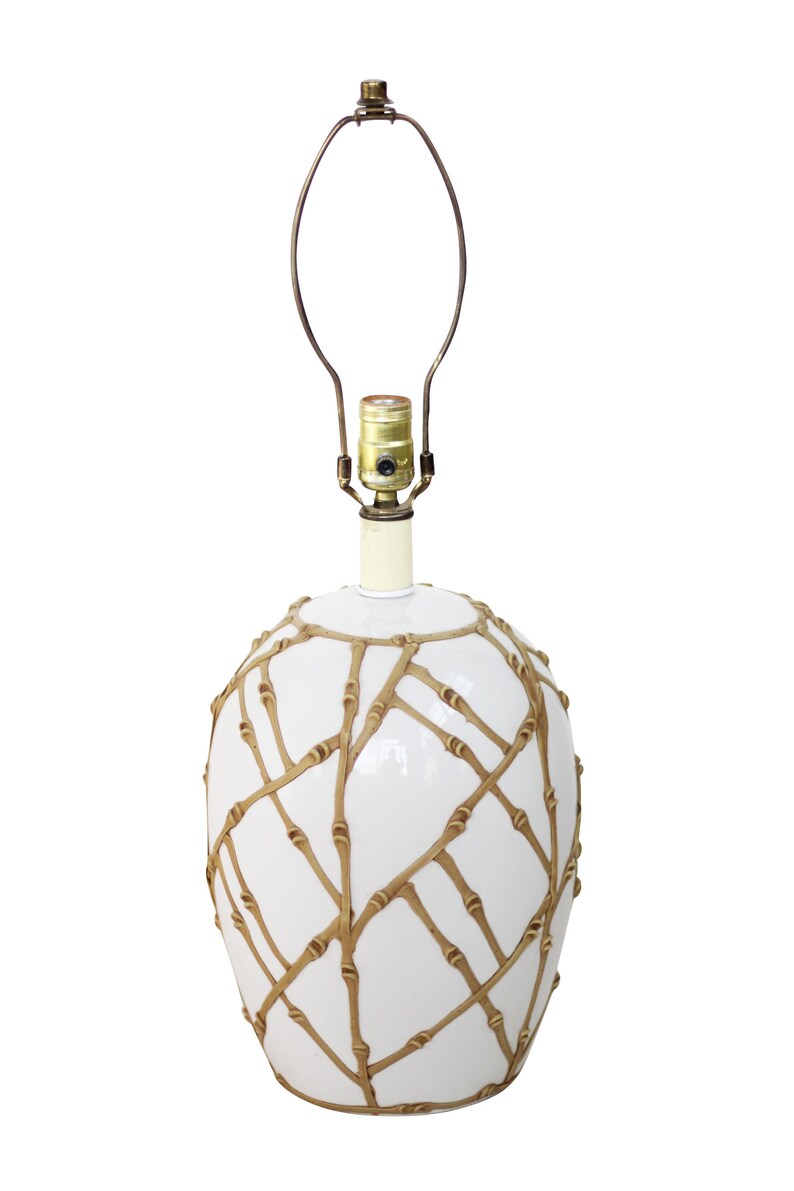 White Ceramic Table Lamp w Faux Bamboo Overlay Dorothy Draper Carleton Varney Hollywood Regency