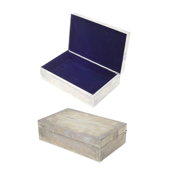 Minimalist Vintage Silver Silverplate Hinged Box with Navy Velvet Lining - No Labels - 5x8"