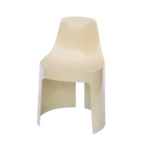 May include: A cream-colored plastic chair with a curved back and a simple, modern design.