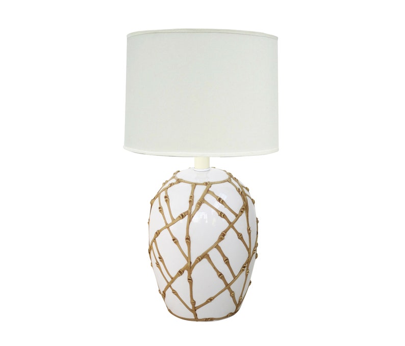 White Ceramic Table Lamp w Faux Bamboo Overlay Dorothy Draper Carleton Varney Hollywood Regency
