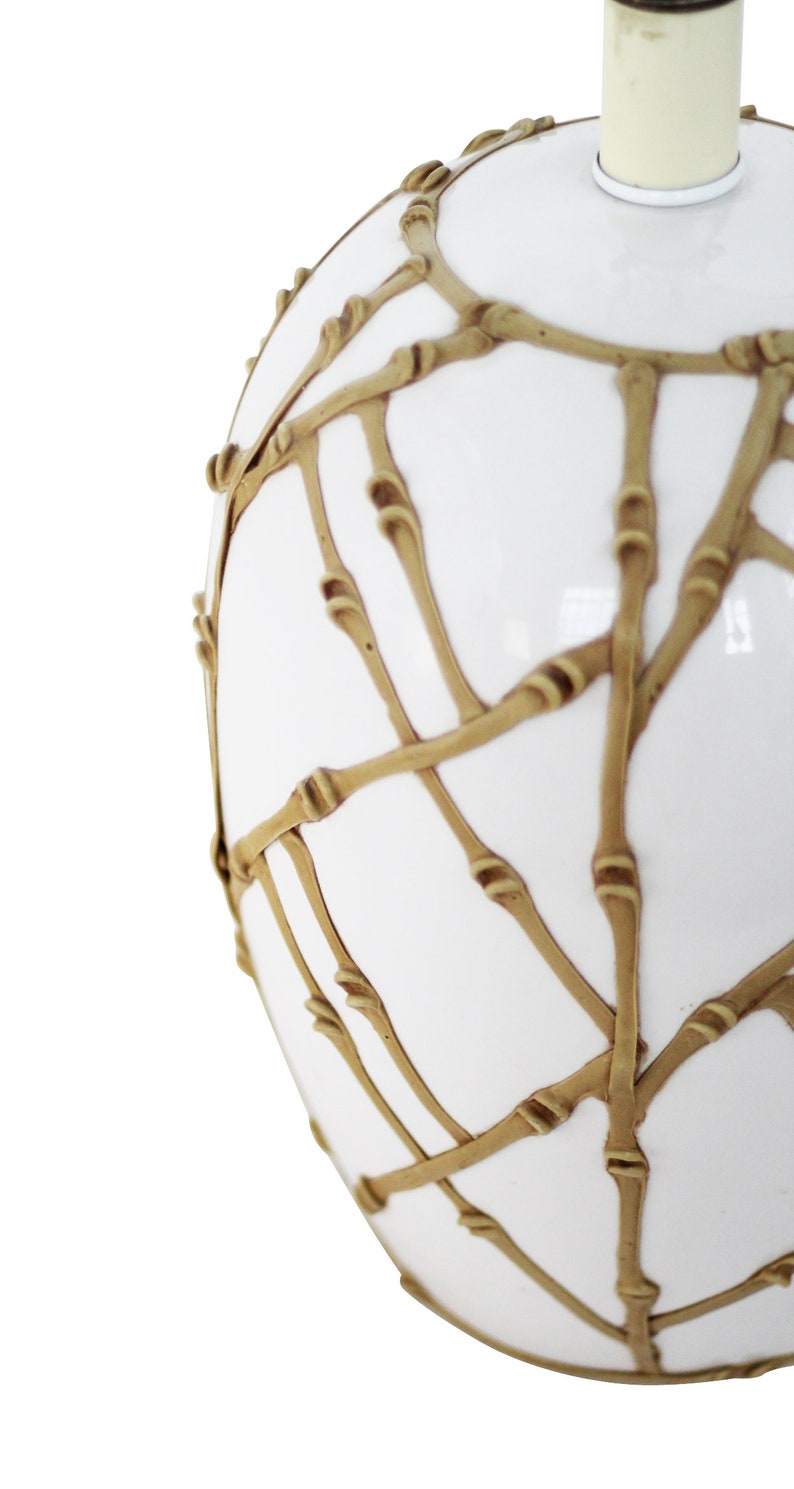 White Ceramic Table Lamp w Faux Bamboo Overlay Dorothy Draper Carleton Varney Hollywood Regency