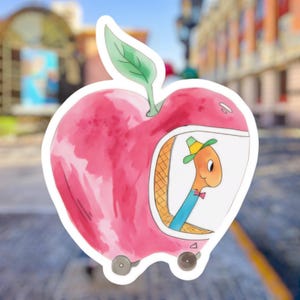 Richard Scarry&#39;s Lowly Worm Apple Car Sticker, Hand-drawn, Watercolor