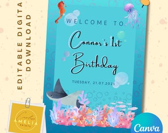 Sea Theme Birthday Welcome Sign, Ocean Animals Poster, Under the Sea Party, Editable Digital Download, Personalised