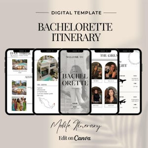 Puede incluir: La pantalla de un teléfono móvil muestra un itinerario de despedida de soltera con una foto en blanco y negro de una mujer con un vestido blanco. El itinerario incluye una bienvenida a la despedida de soltera, una lista de actividades y un mapa de México. El texto en la pantalla dice "Bienvenido a [nombre de la novia] Bachelorette" y "Itinerario móvil, Editar en Canva".