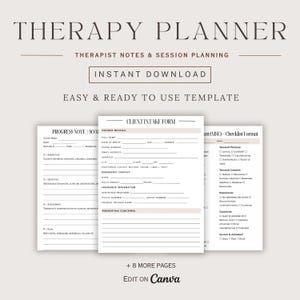 May include: A printable therapy planner template with the title "Therapy Planner" in a brown font. The template includes sections for "Progress Note", "Client Intake Form", and "Mental Status Exam (MSE) - Checklist Format". The template is designed to be used with the Canva app.