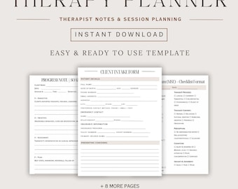 May include: A printable therapy planner template with the title "Therapy Planner" in a brown font. The template includes sections for "Progress Note", "Client Intake Form", and "Mental Status Exam (MSE) - Checklist Format". The template is designed to be used with the Canva app.