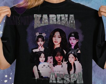 aespa カリナ　ビンテージ風ブラックTシャツ Aespa Karina レトロ 90 年代 ブートレッグ T シャツ - Aespa