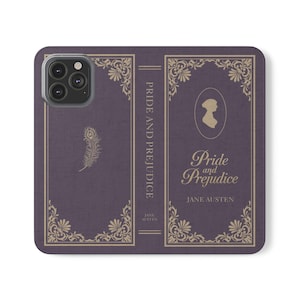 May include: A phone case featuring the cover design of "Pride and Prejudice" by Jane Austen. The case has a purple background with gold-colored decorative borders and text. A silhouette of a woman is on the right side, with a feather on the left.