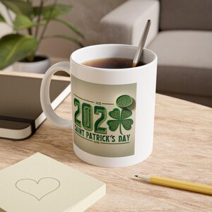 St. Patrick&#39;s Day Shamrock Mug, Irish Coffee Cup, Lucky Green Tea Mug, Clover Design Mug, Ceramic Drinkware, 11oz